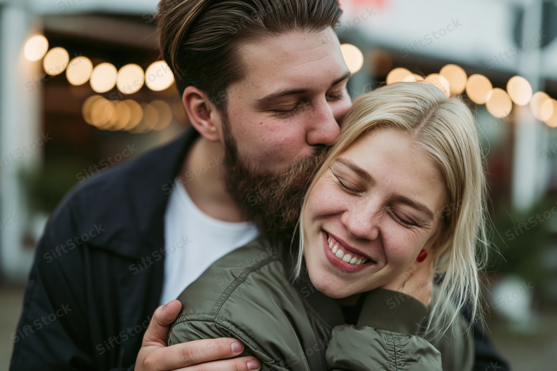 Young couple embracing outdoors with man kissing woman on the cheek in a city street at evening