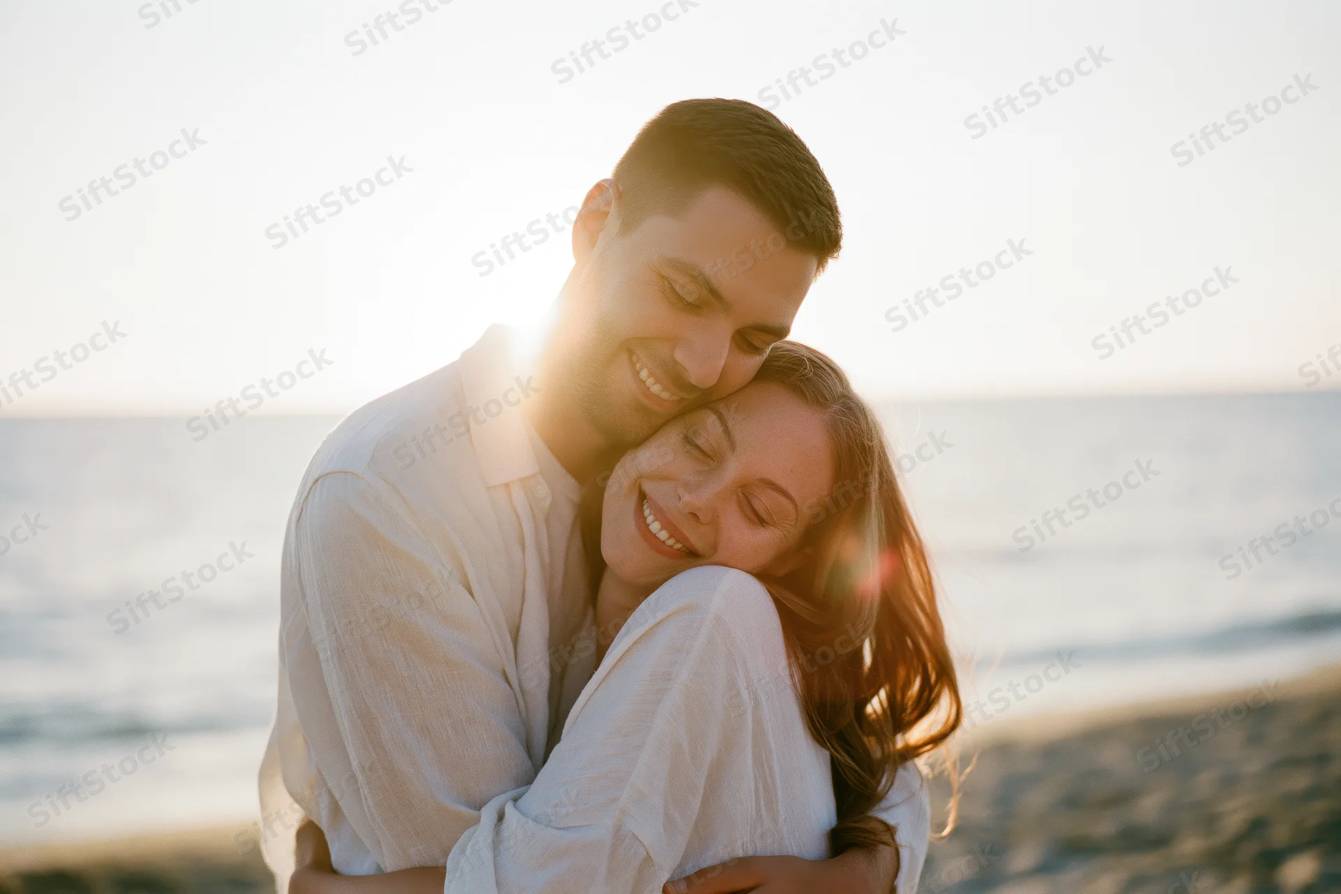 Young couple embracing on a beach at sunset, smiling and hugging closely with ocean in background