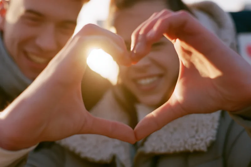 Young couple forming heart shape with hands in sunlight
