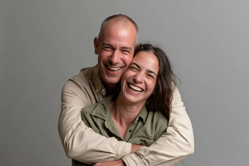Man hugging woman from behind as they both smile broadly in a studio portrait