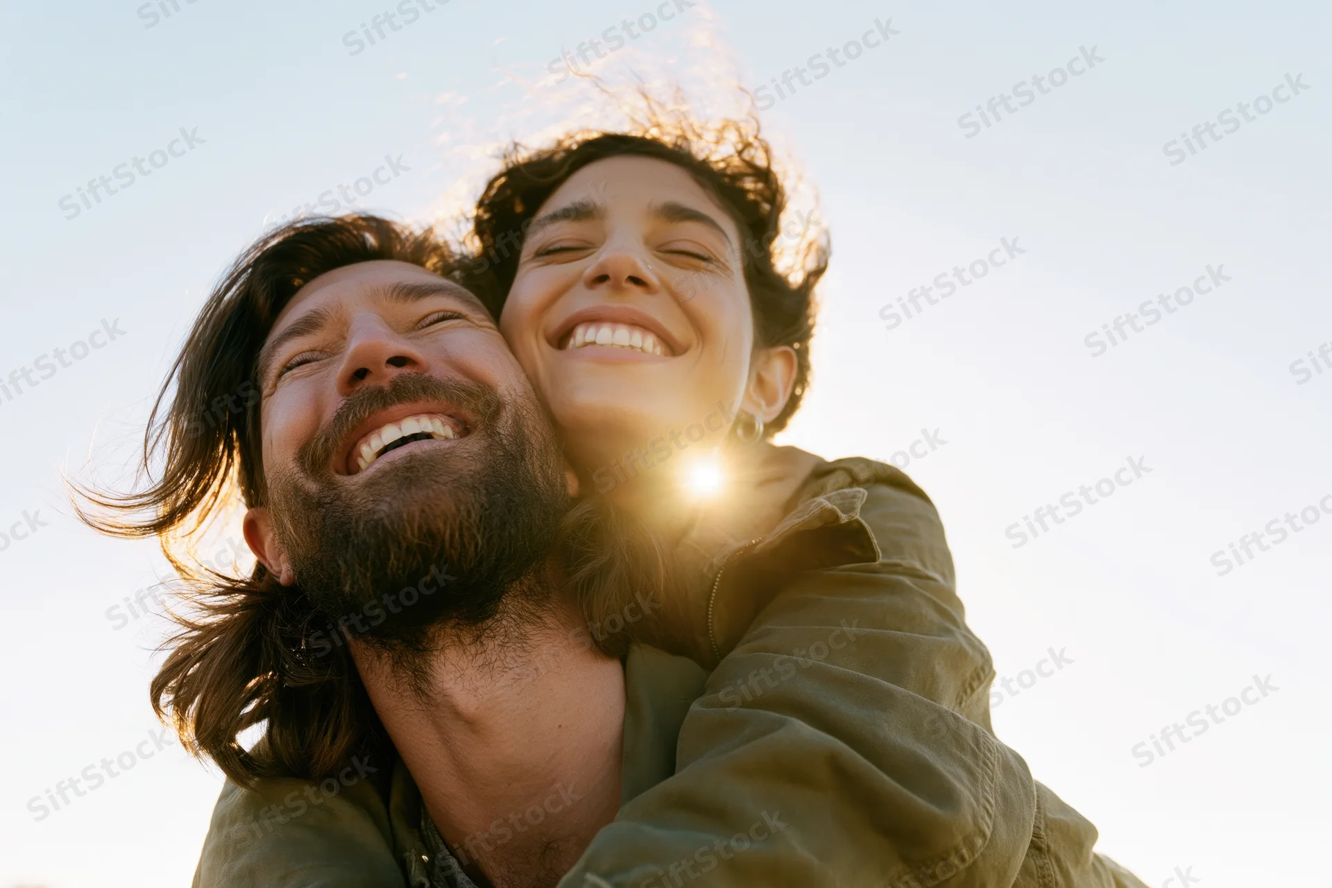 Woman riding piggyback on man outdoors laughing in sunlight