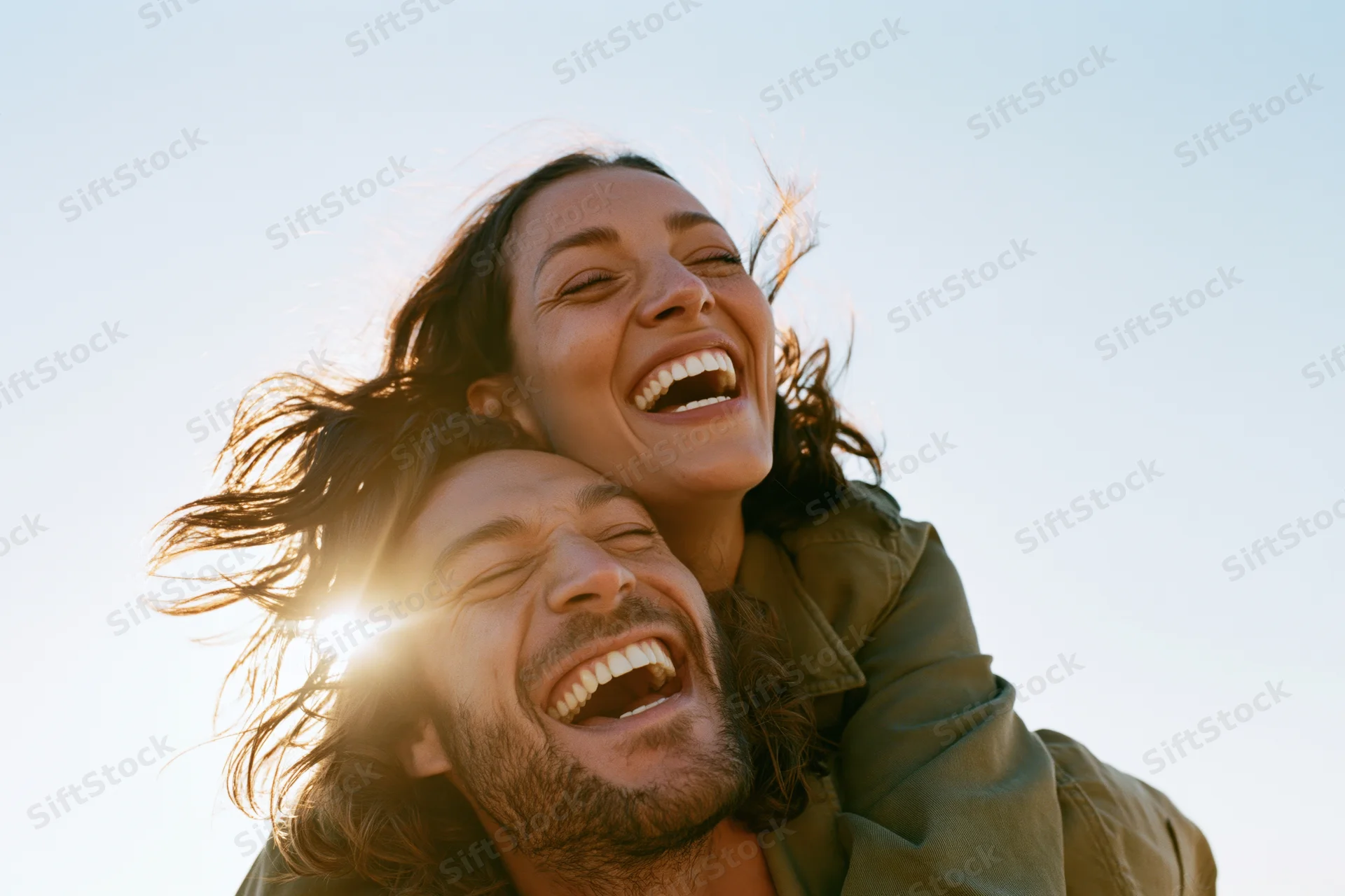 Woman laughing on man's back outdoors in sunlight