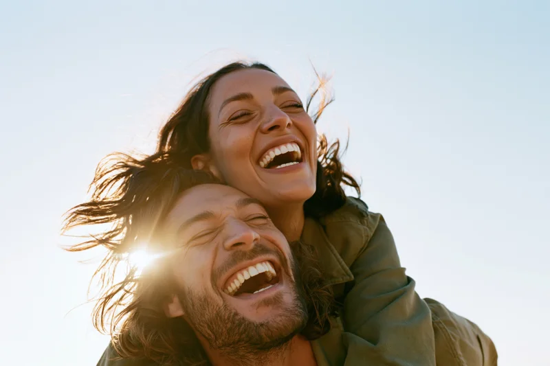 Woman laughing on man's back outdoors in sunlight