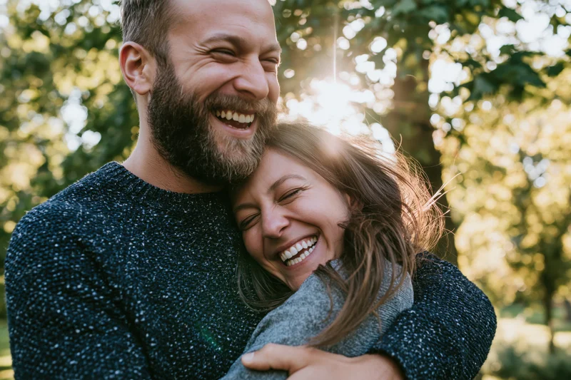 Couple laughing and hugging in a sunlit park surrounded by trees