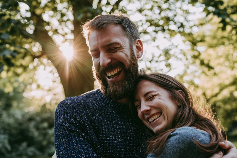Laughing couple embracing in a park with sunlight filtering through trees
