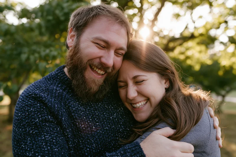 Couple laughing and hugging in a sunlit park with trees in the background