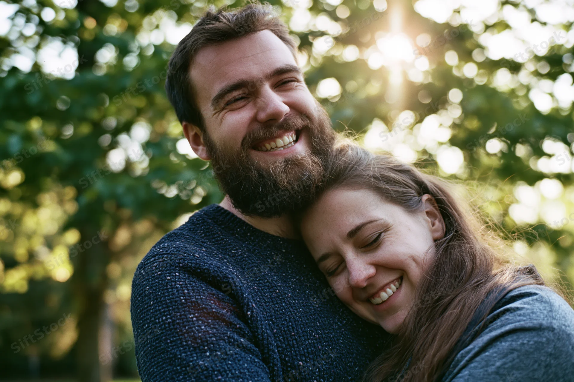 Smiling couple embracing outdoors in a park with sunlight filtering through trees