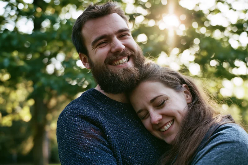 Smiling couple embracing outdoors in a park with sunlight filtering through trees