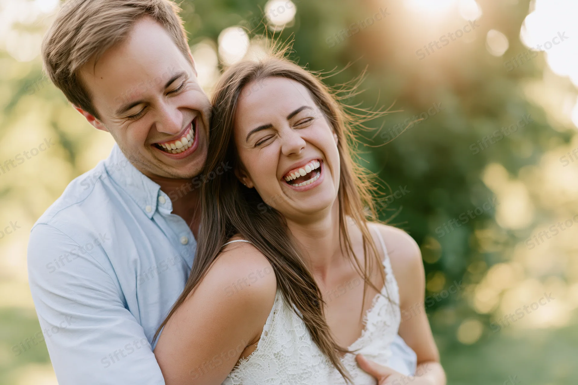 Young couple laughing and embracing in a sunlit park
