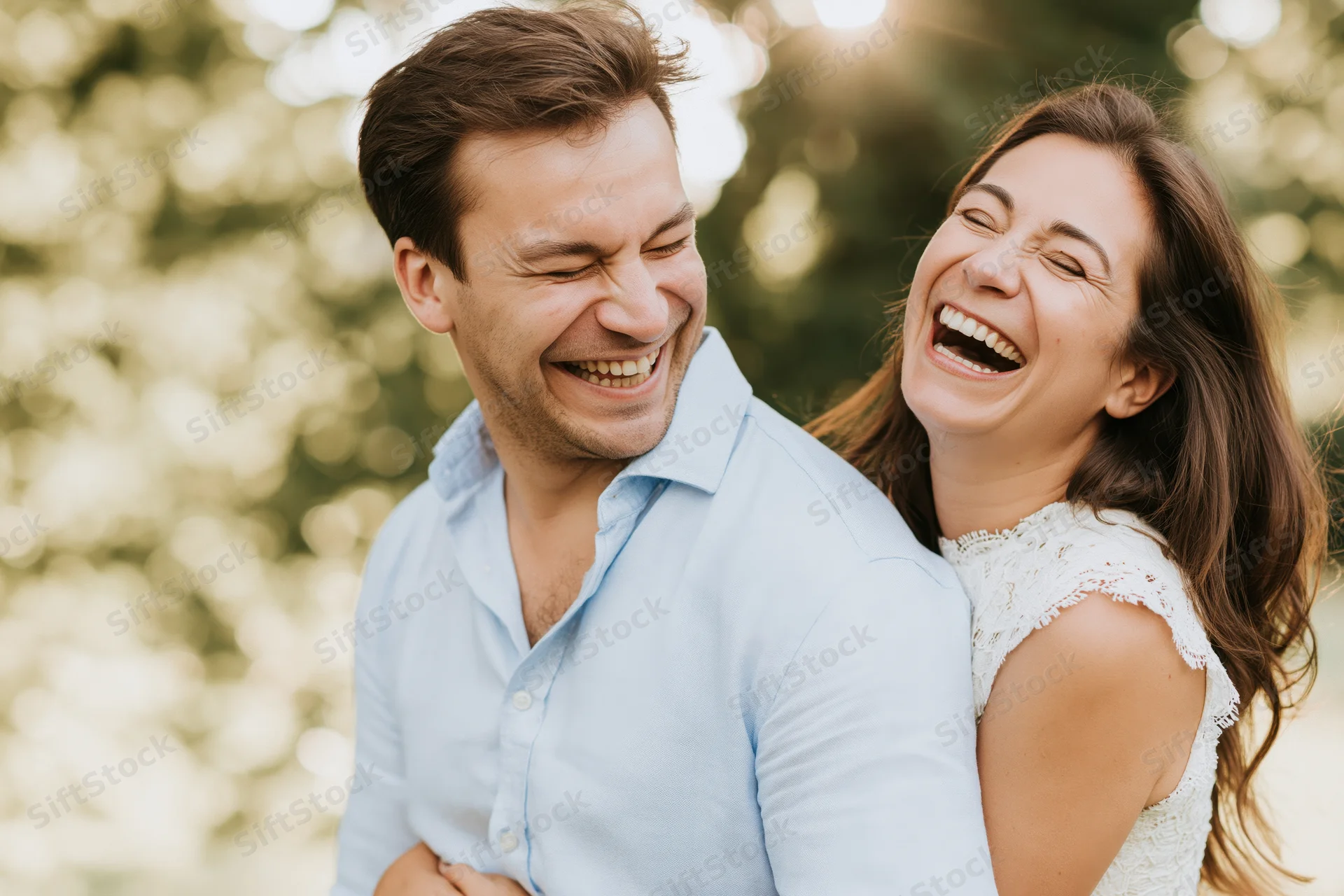 Couple laughing together outdoors in a park with sunlight filtering through trees
