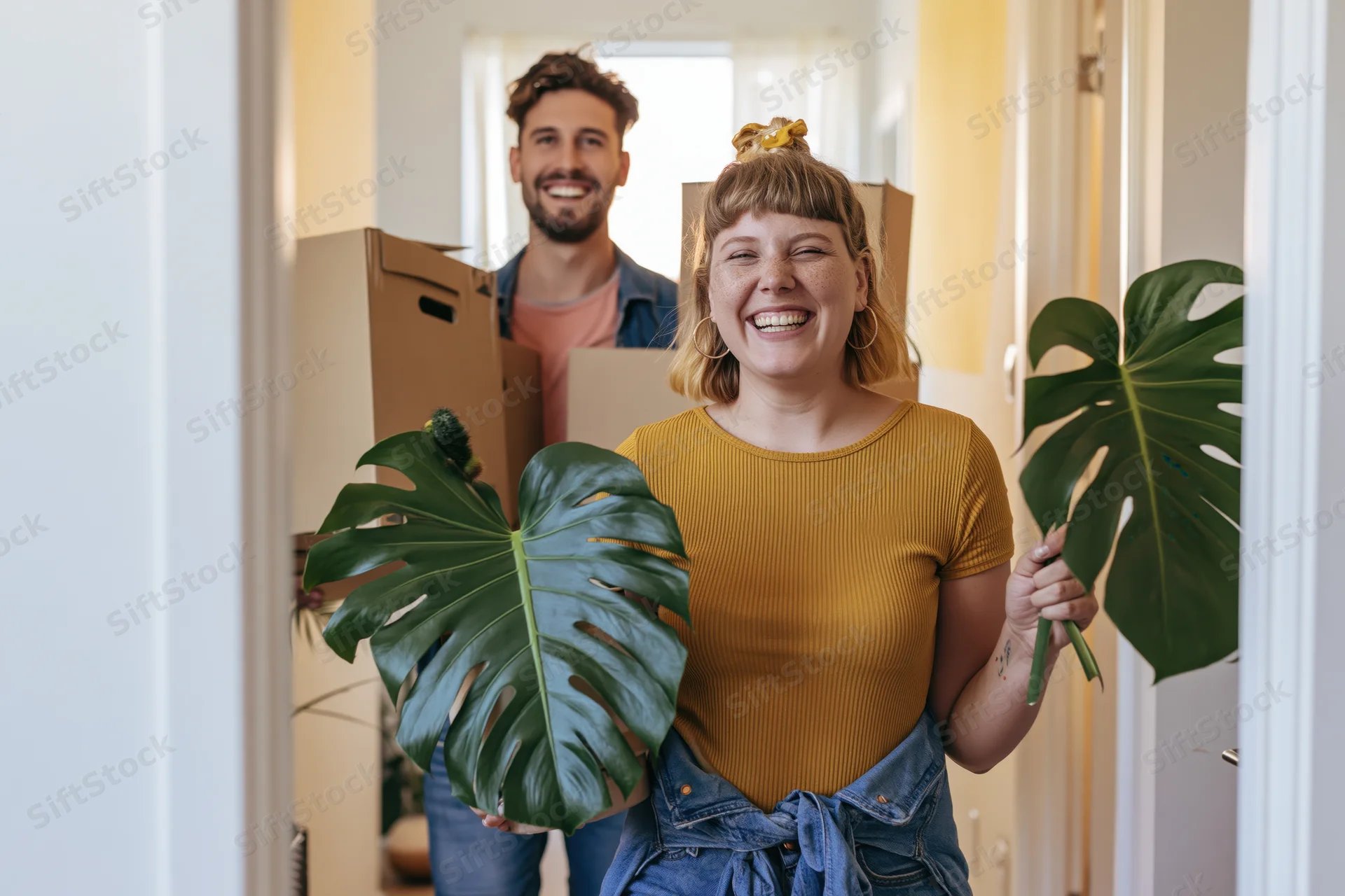 Woman laughing while holding monstera leaves in front of man carrying boxes in apartment hallway