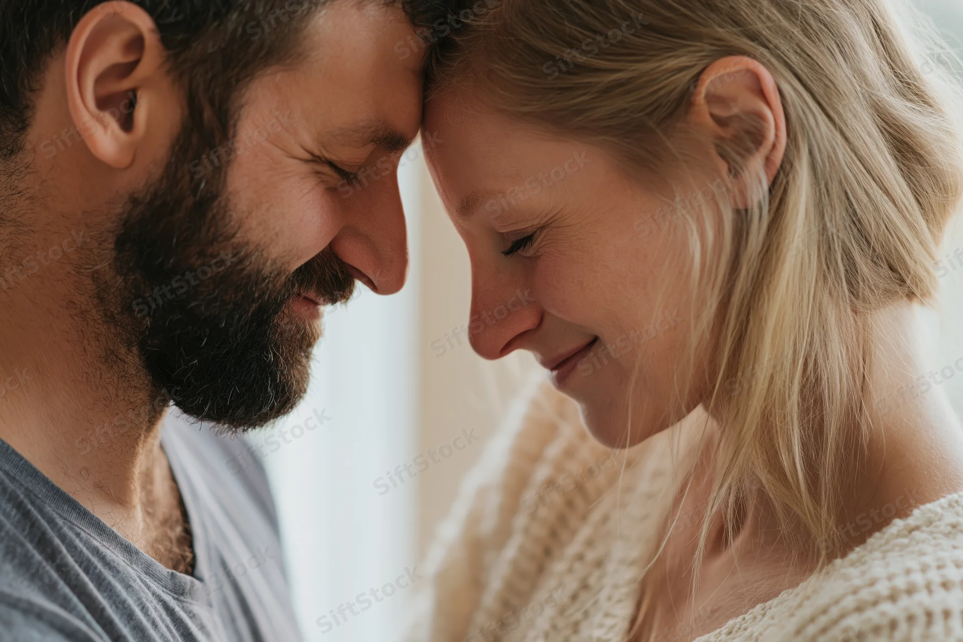 Young couple pressing foreheads together with eyes closed indoors