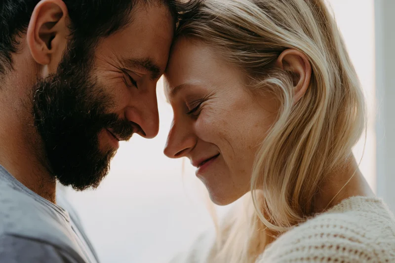 Young couple pressing foreheads together with eyes closed indoors