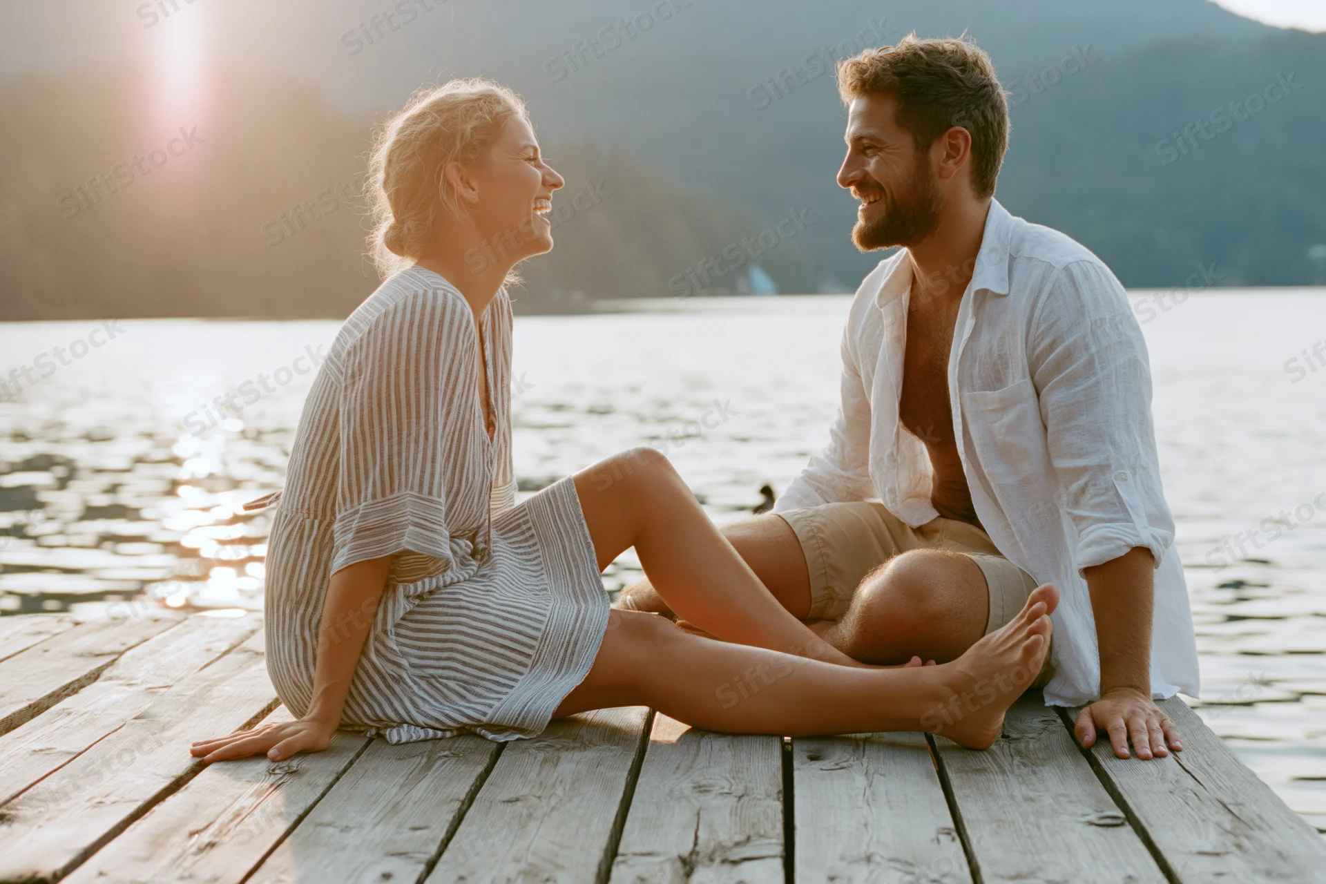 Young couple laughing barefoot on wooden dock by lake at sunset