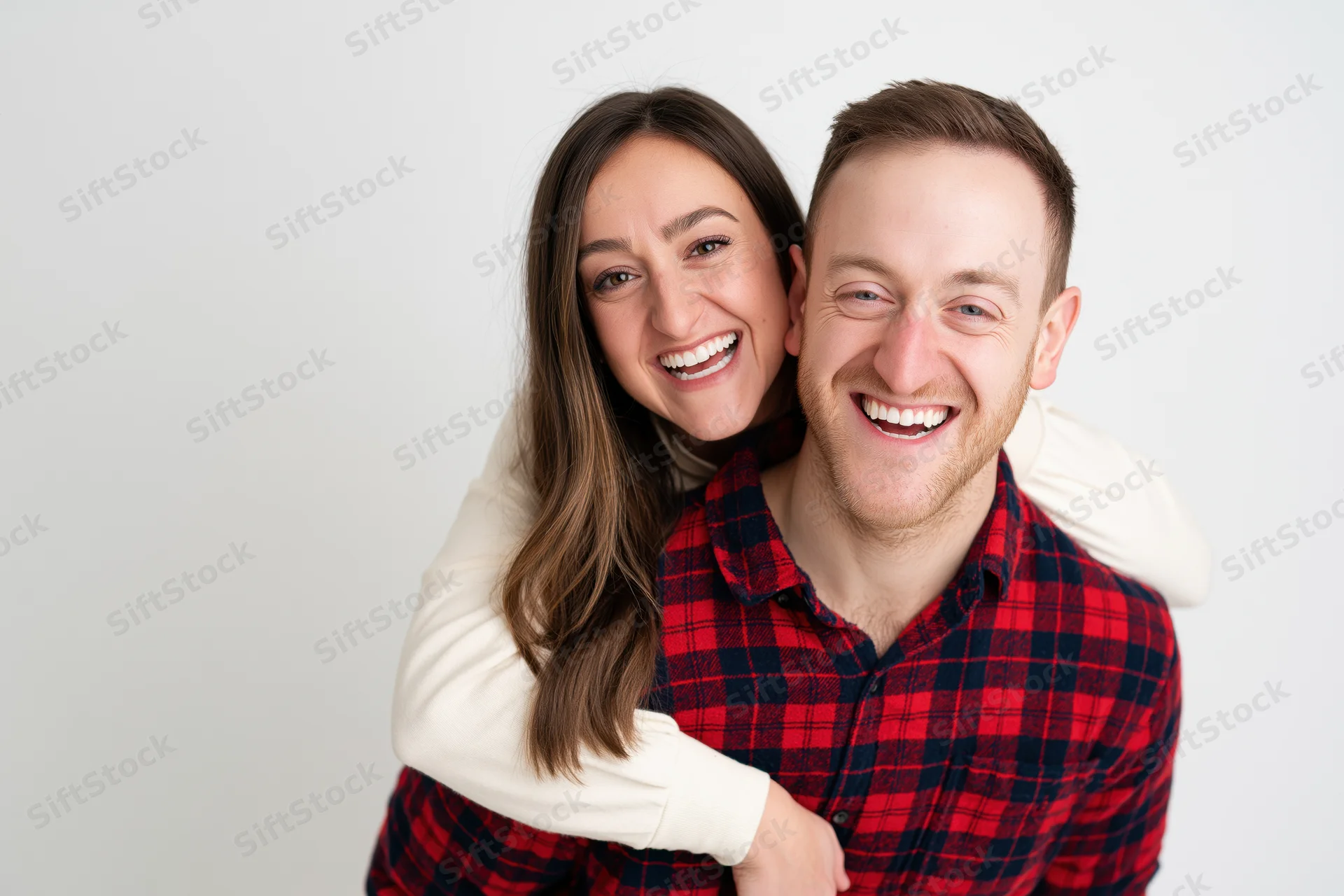 Young couple hugging and smiling at camera in studio portrait