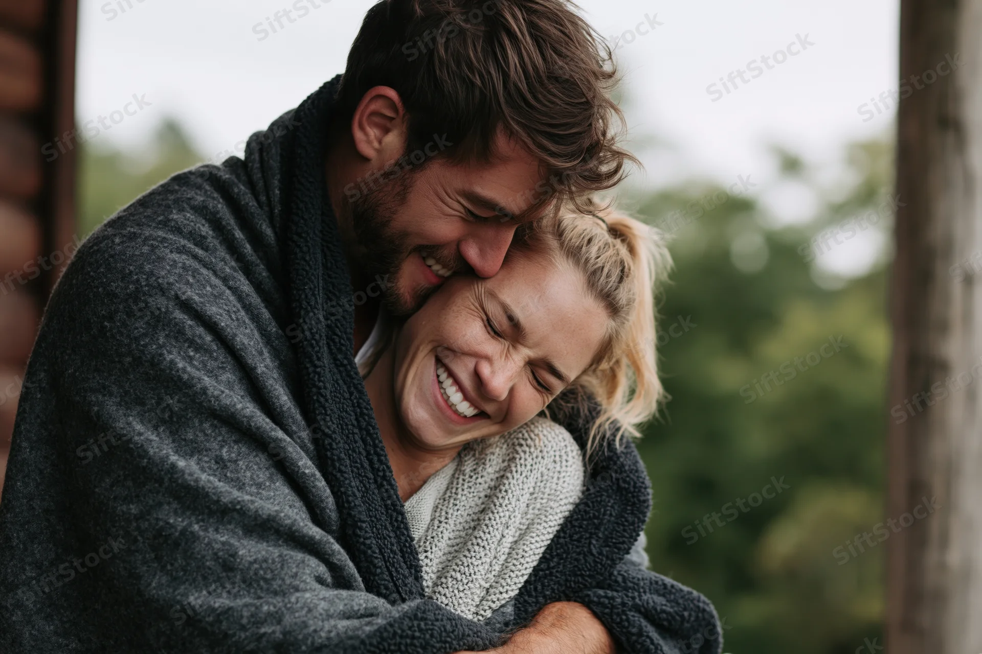 Young couple laughing and hugging wrapped in a grey wool blanket outdoors near a cabin