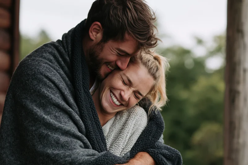 Young couple laughing and hugging wrapped in a grey wool blanket outdoors near a cabin