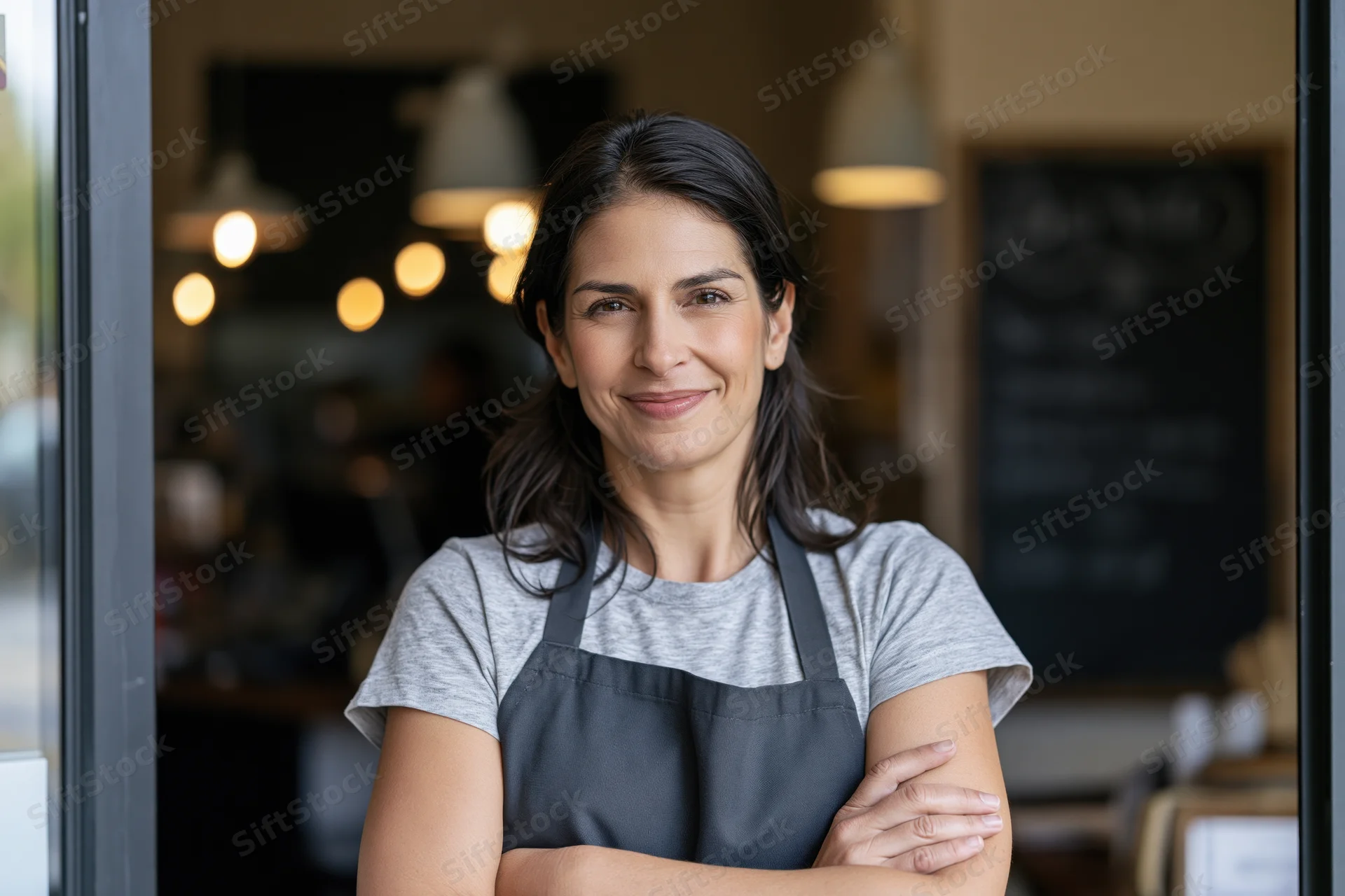 Woman cafe owner smiling with arms crossed in doorway of small coffee shop