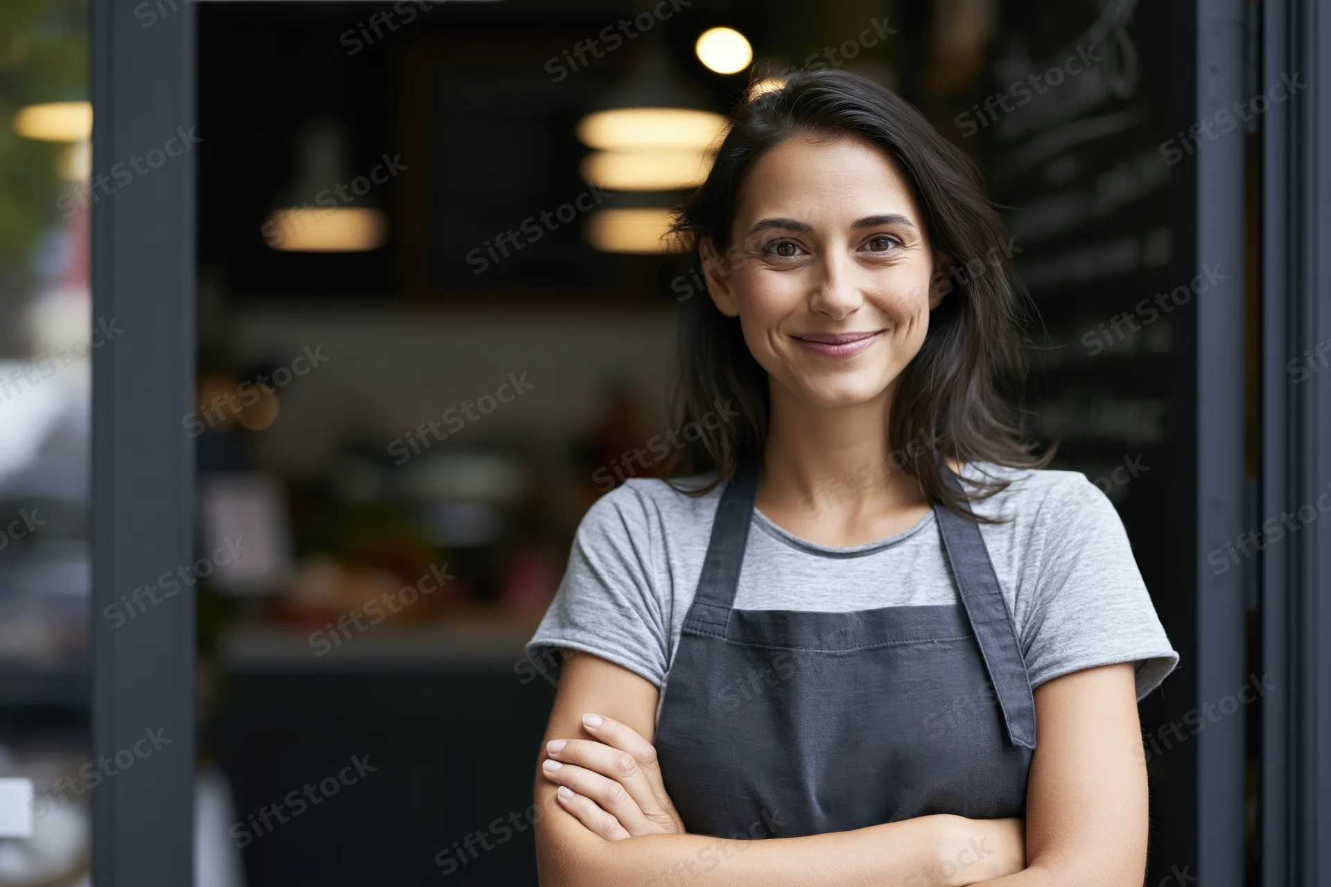 Woman in apron smiling with arms crossed in doorway of small cafe