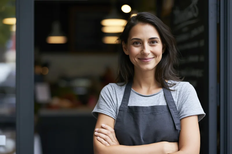 Woman in apron smiling with arms crossed in doorway of small cafe
