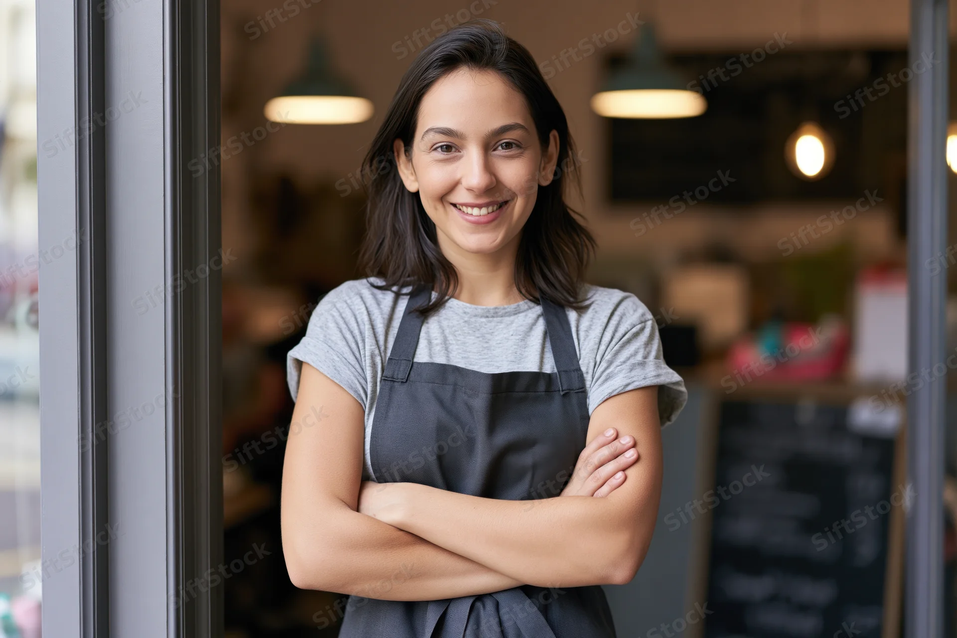 Young woman in apron smiling with arms crossed in cafe doorway