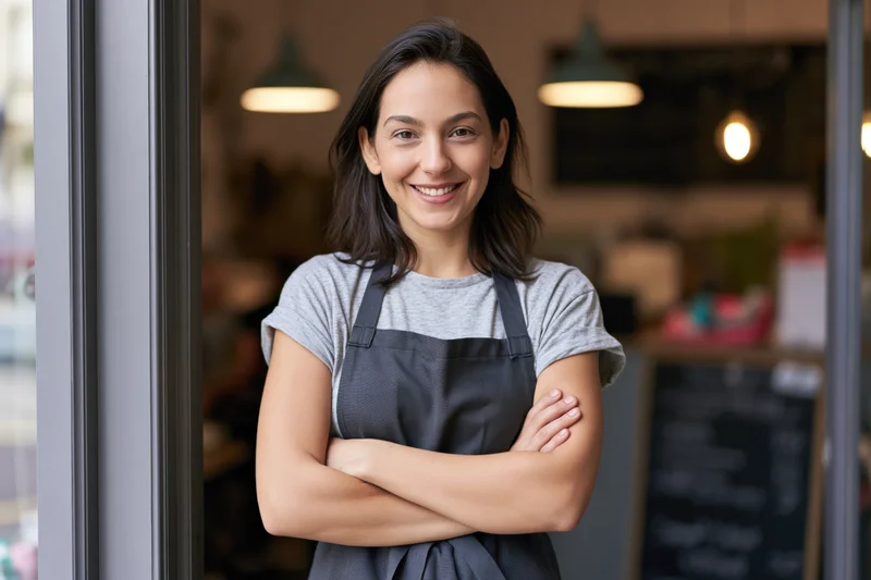 Young woman in apron smiling with arms crossed in cafe doorway
