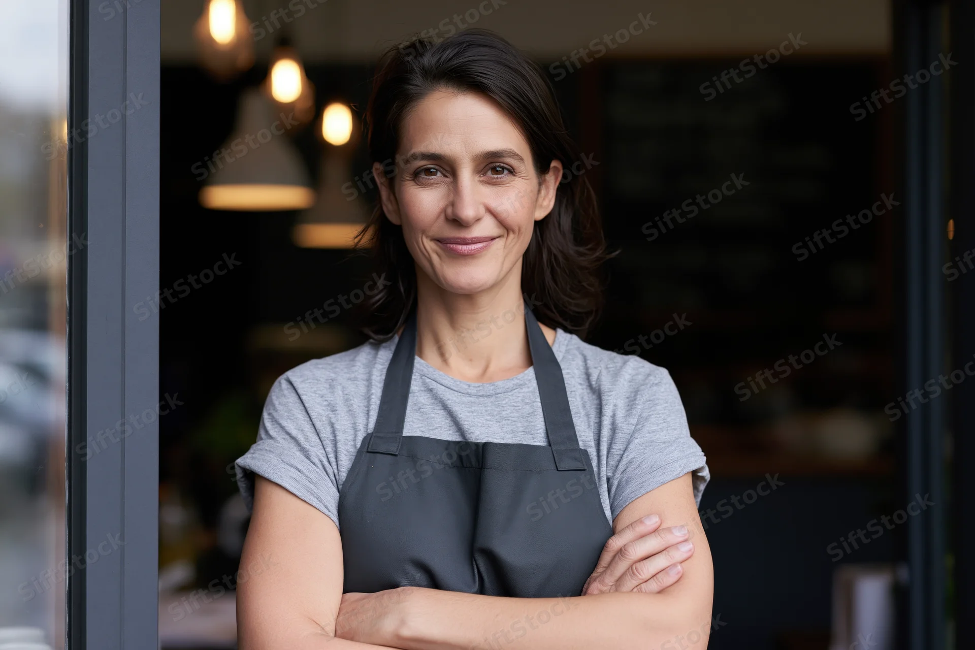 Woman cafe owner standing in doorway with arms crossed smiling at camera