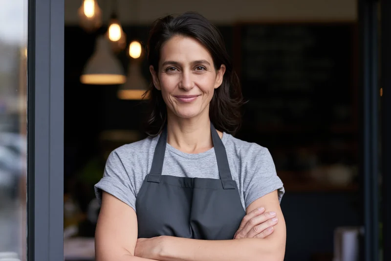 Woman cafe owner standing in doorway with arms crossed smiling at camera
