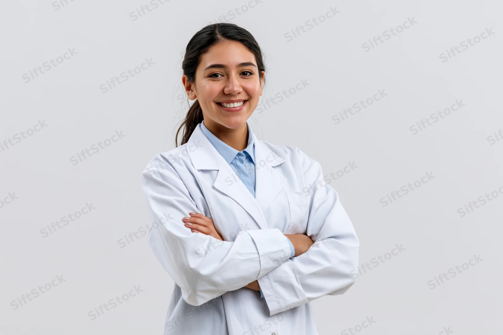 Young woman in white lab coat smiling with arms crossed against plain background