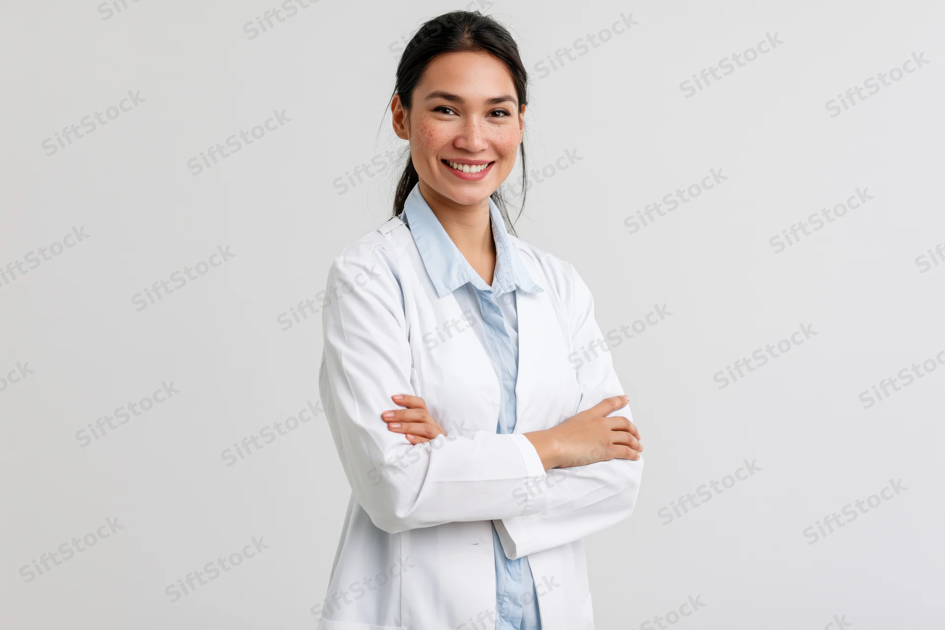 Young woman in white lab coat with arms crossed smiling in studio setting