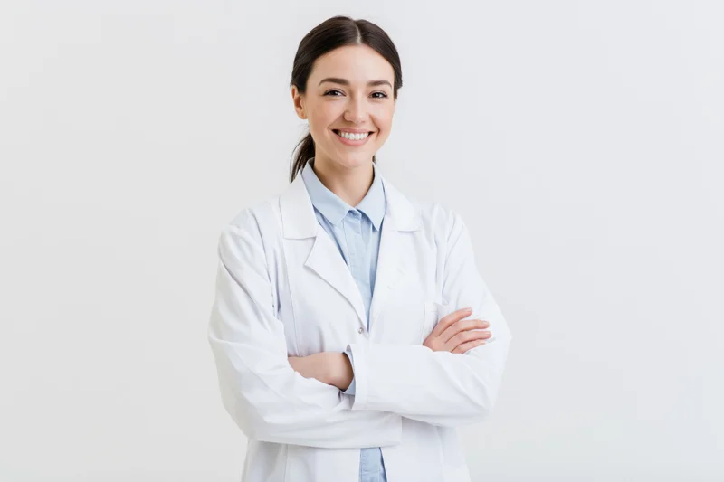 Young woman in white lab coat standing with arms crossed smiling in studio