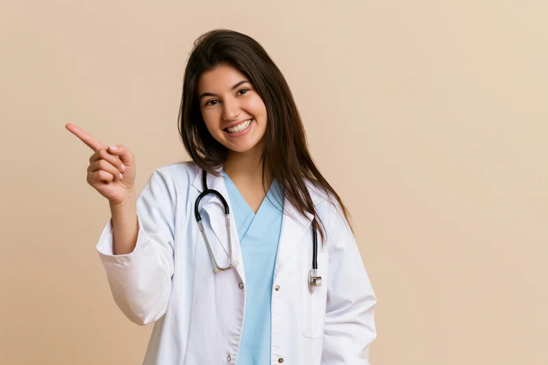 Young woman in white lab coat pointing left while smiling in studio setting