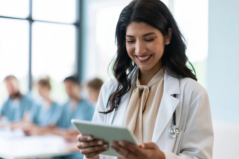 Young female doctor smiling while using tablet in modern clinic with colleagues in background