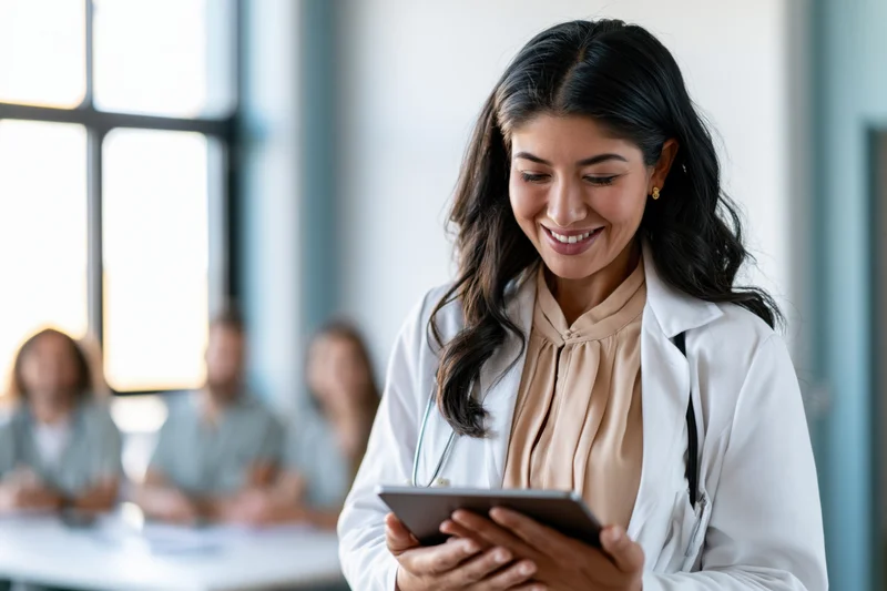 Young female doctor smiling while using tablet in clinic setting