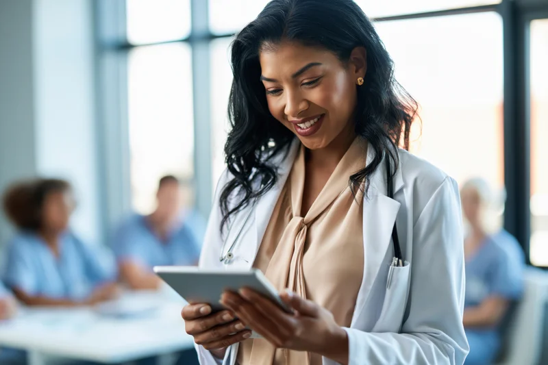 Young female doctor smiling while using tablet in hospital office