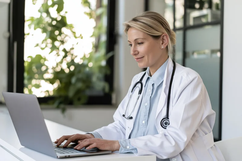 Female doctor typing on laptop at white desk in office