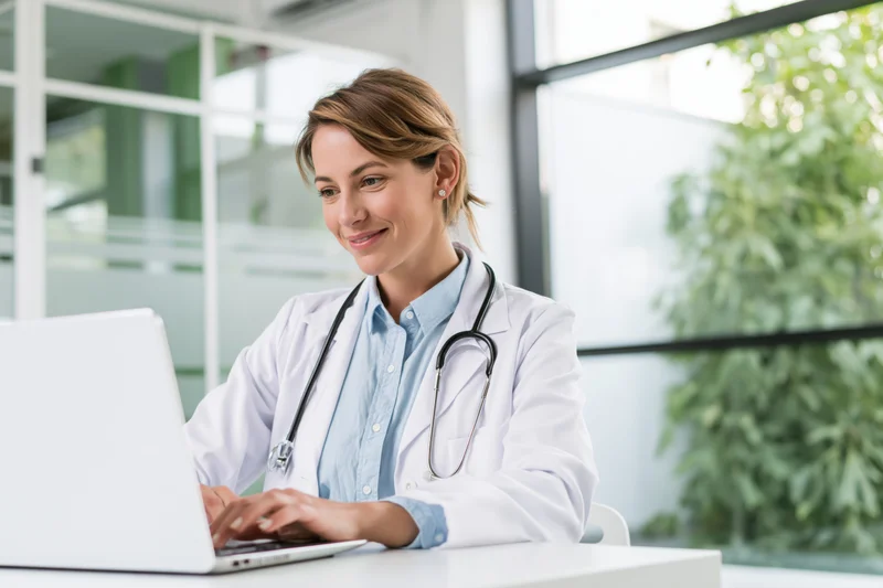 Female doctor typing on laptop at white desk in modern office