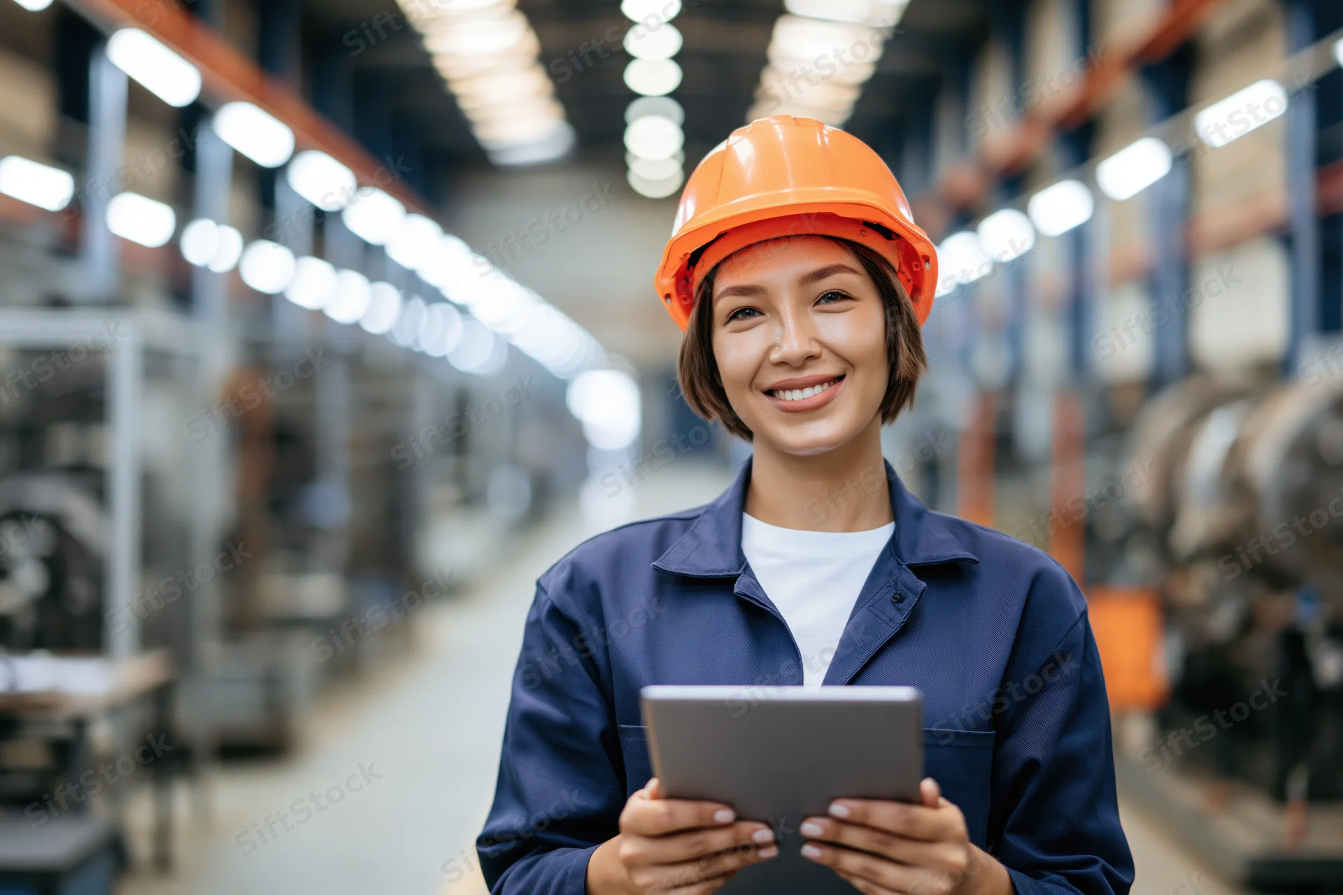 Woman in orange hard hat smiling while holding tablet in factory corridor