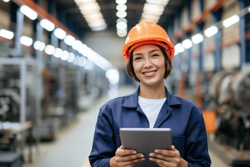 Woman in orange hard hat smiling while holding tablet in factory corridor