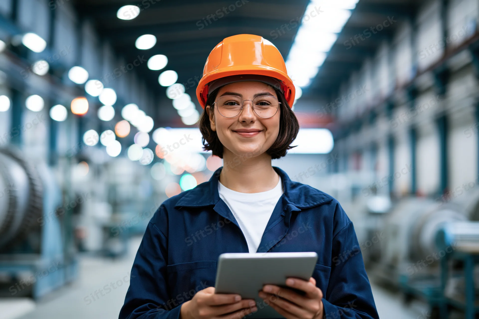 Woman in orange hardhat holding tablet in factory aisle smiling at camera
