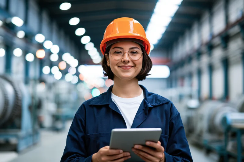 Woman in orange hardhat holding tablet in factory aisle smiling at camera