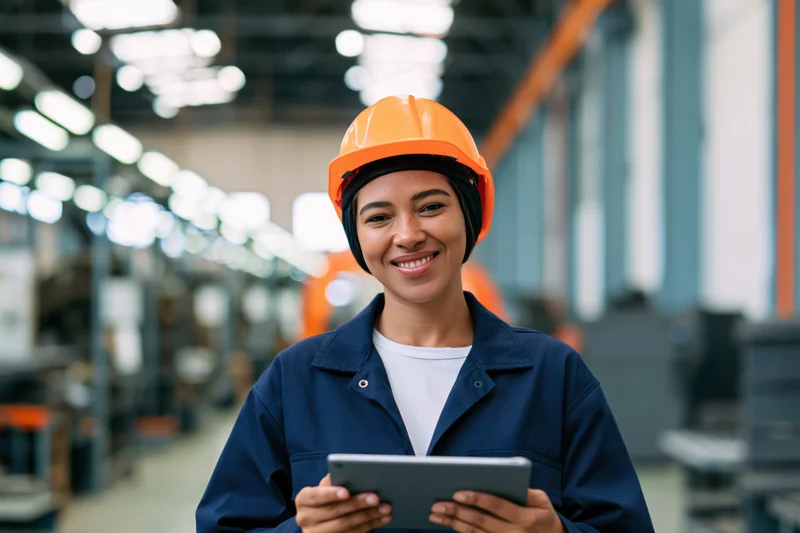 Woman in orange hardhat holding tablet in factory interior