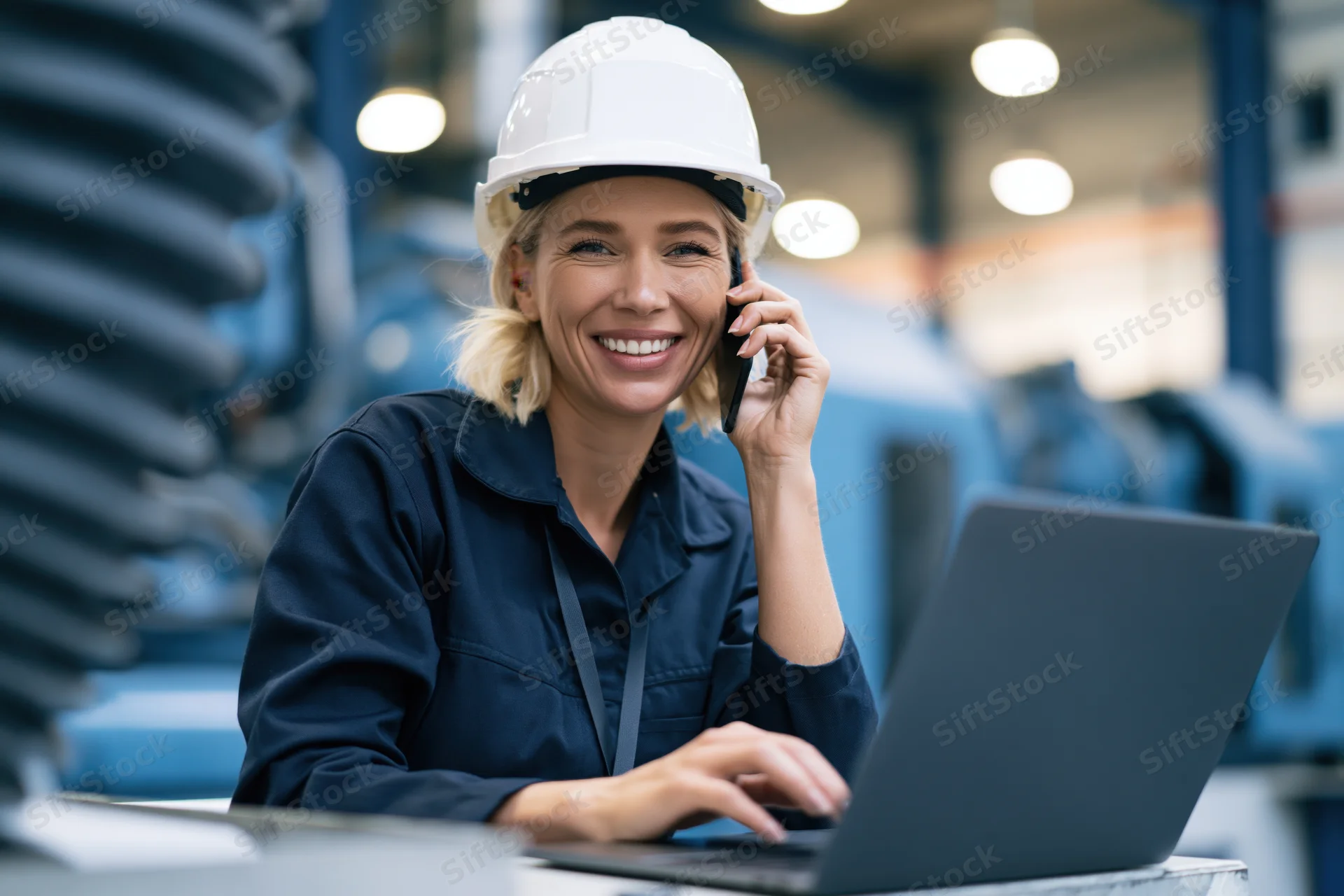 Woman in hardhat smiling while talking on phone and using laptop in factory setting