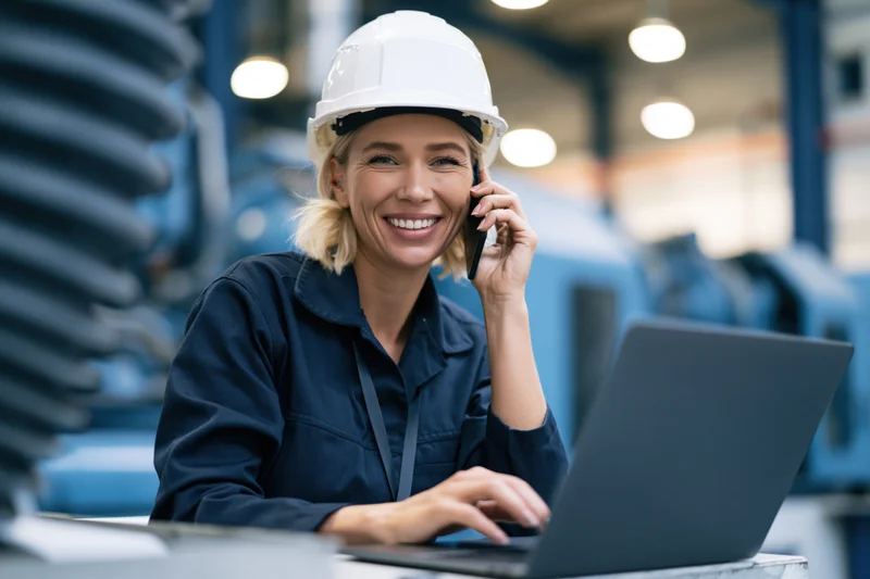 Woman in hardhat smiling while talking on phone and using laptop in factory setting