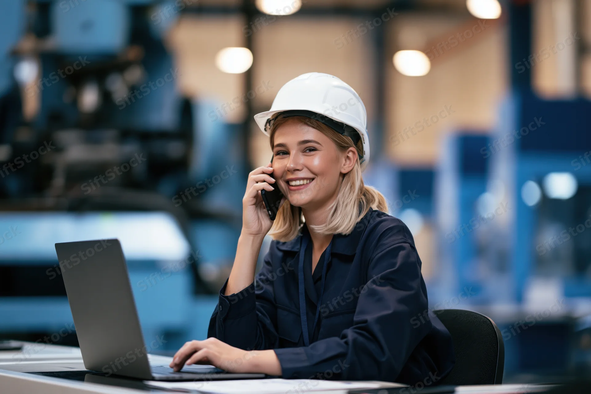 Woman in hardhat smiling while talking on phone and using laptop at factory desk