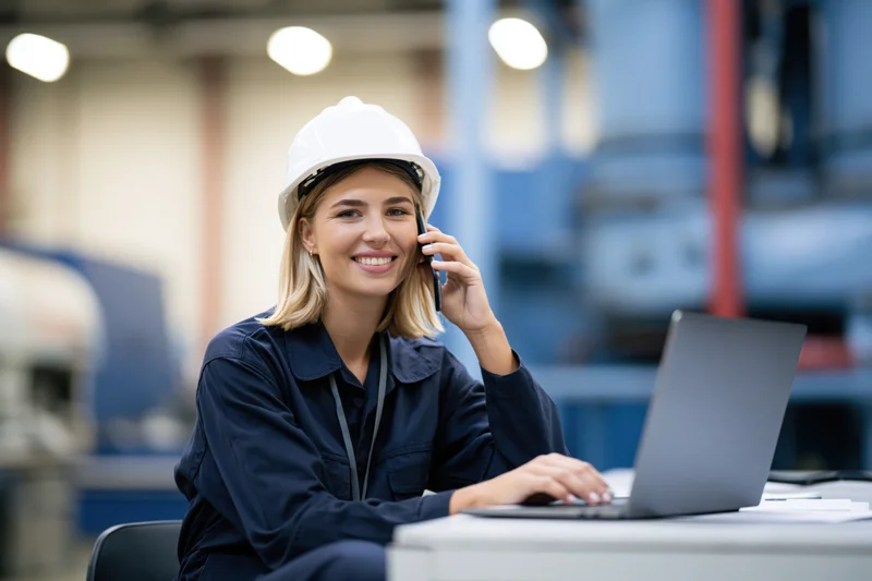 Woman in hardhat smiling while talking on phone and using laptop at factory desk