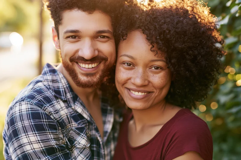 Young interracial couple embracing and smiling outdoors in a sunlit garden