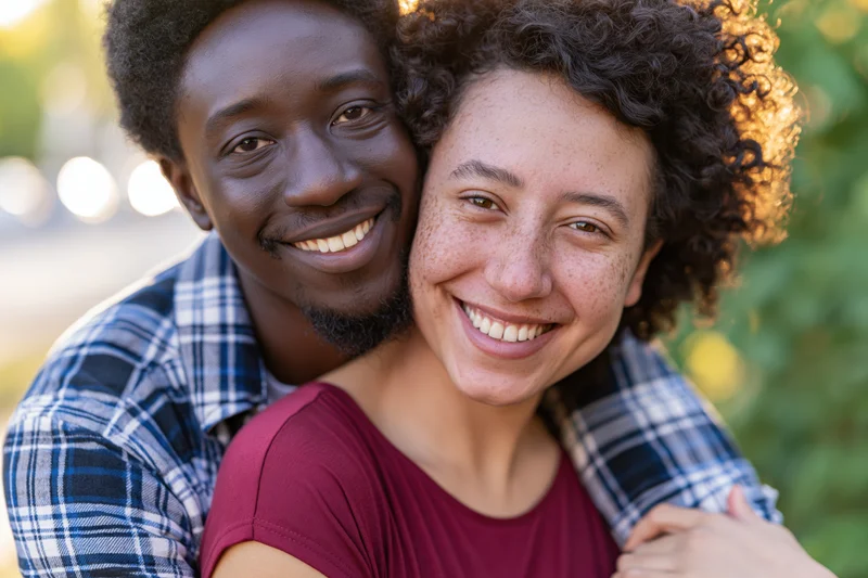 Young interracial couple embracing and smiling outdoors in a park setting