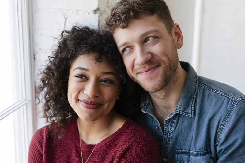 Young interracial couple smiling closely together near a window in a bright indoor space