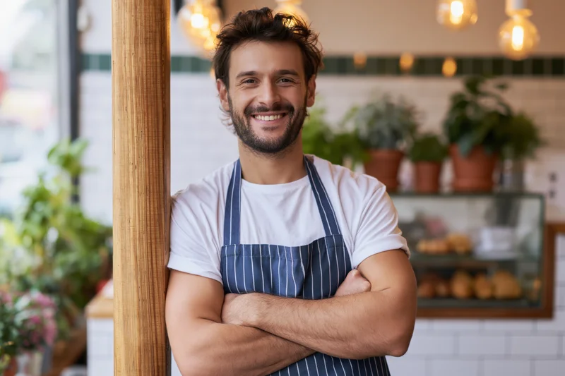 Smiling barista with arms crossed leaning against wooden pillar in cafe interior